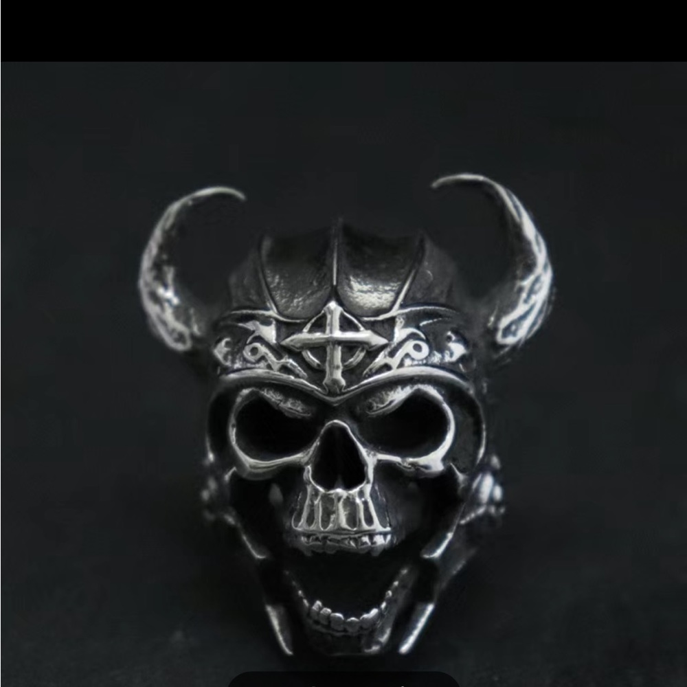 Vintage Cow Head Skull Punk Nordic God of War Biker Silver Tone Ring - Picture 2 of 4